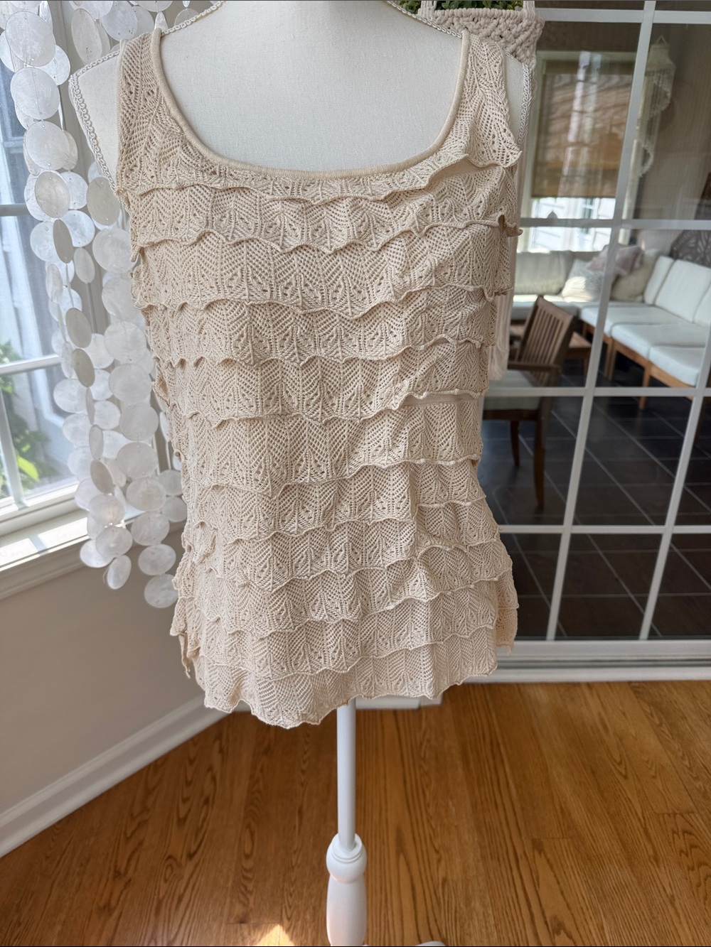Silk Cream Crochet Ruffle Tank Top medium